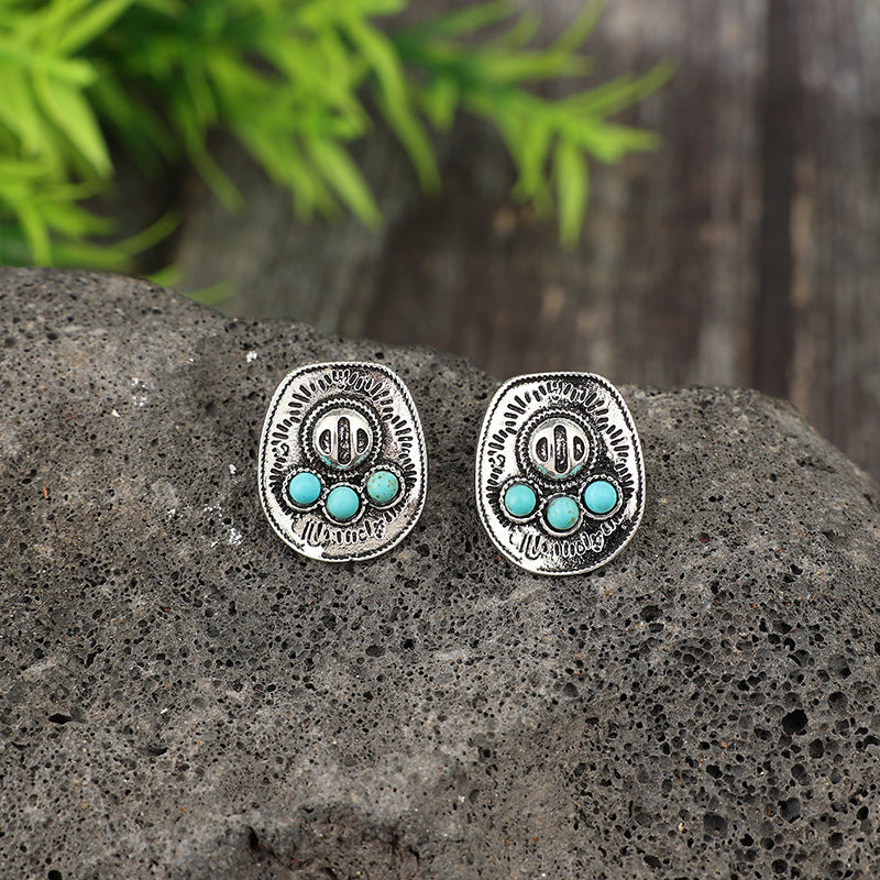 Wholesale Vintage Bohemian Alloy Distressed Totem Earrings Geometric Turquoise Jewelry Accessory