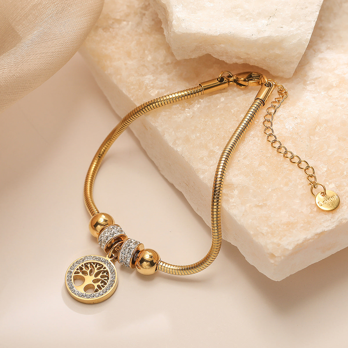 Wholesale Titanium Steel 18K Gold Plated Zircon Tree of Life Pendant Bracelet