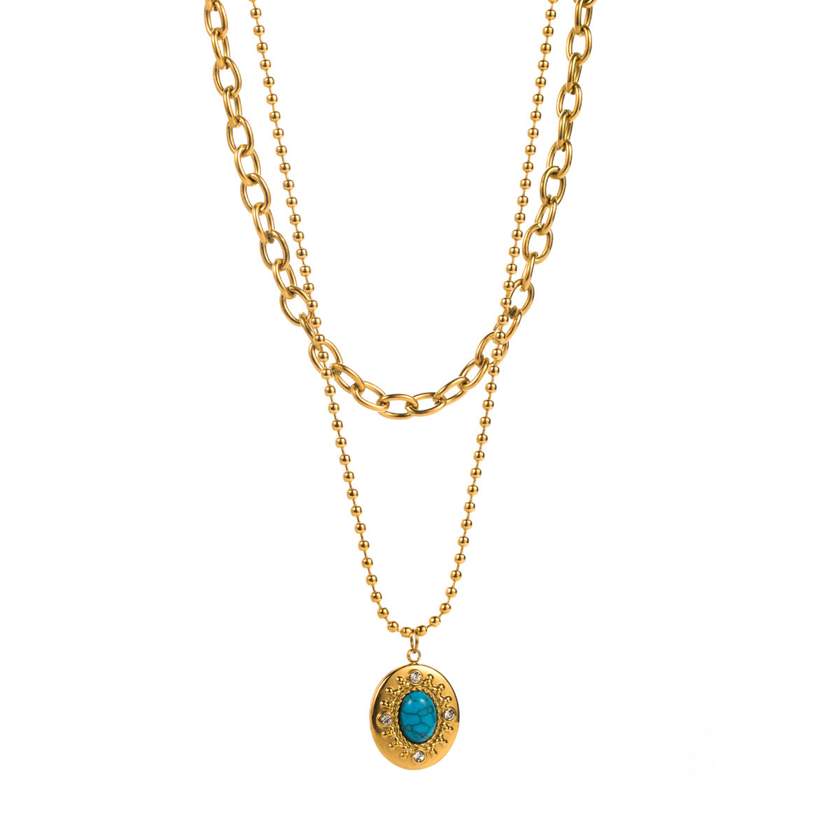 Wholesale Vintage Turquoise Stainless Steel Multi-layer Clavicle Chain Necklace ACC-NE-BP001