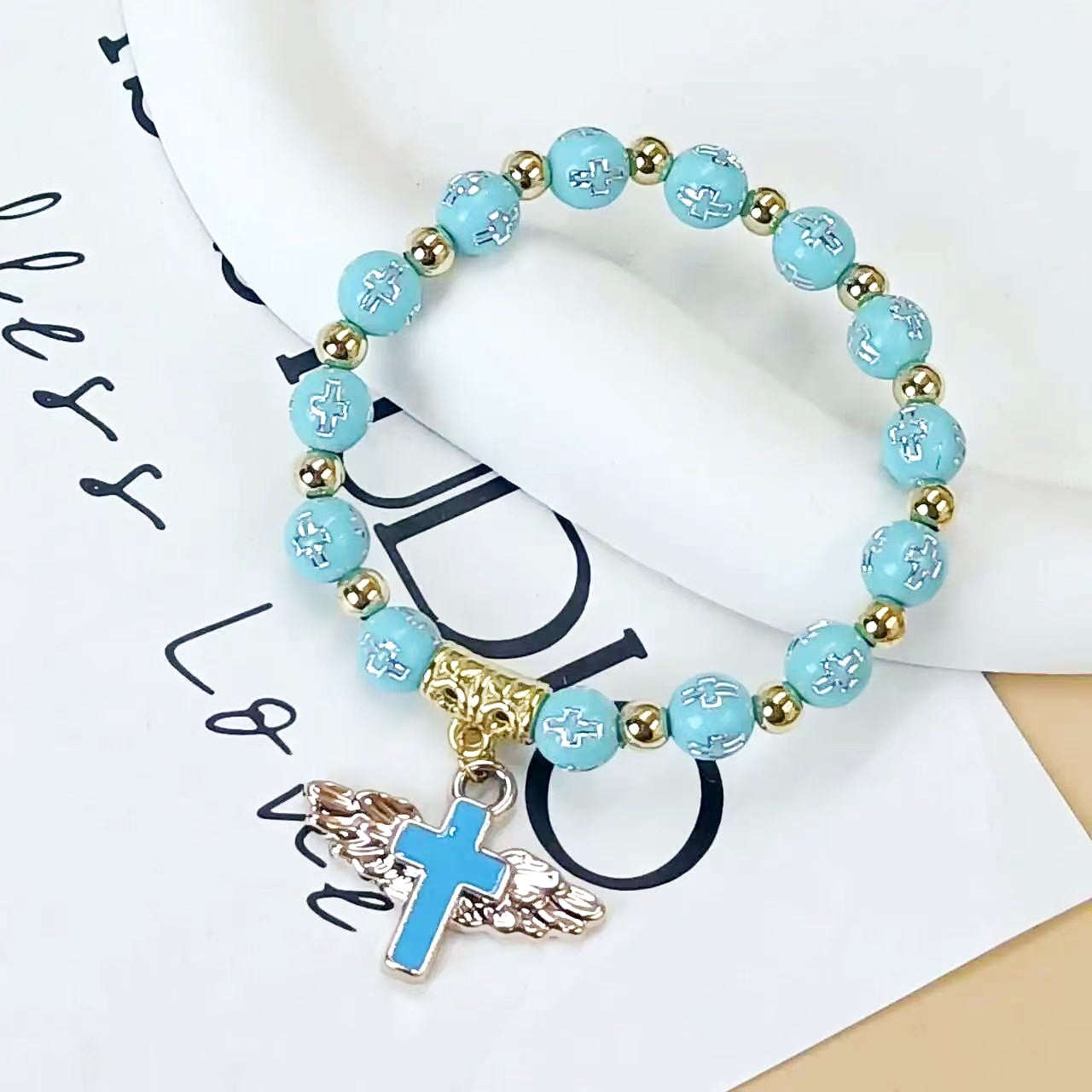 Wholesale angel wings cross beaded bracelet
