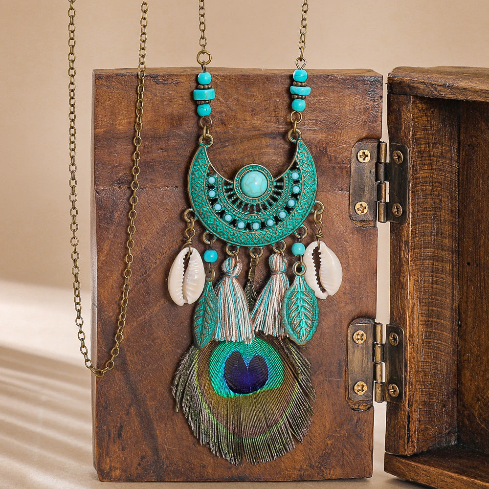 Wholesale Peacock Feather Geometric Long Necklace,  Handmade Shell Pendant Jewelry Accessory