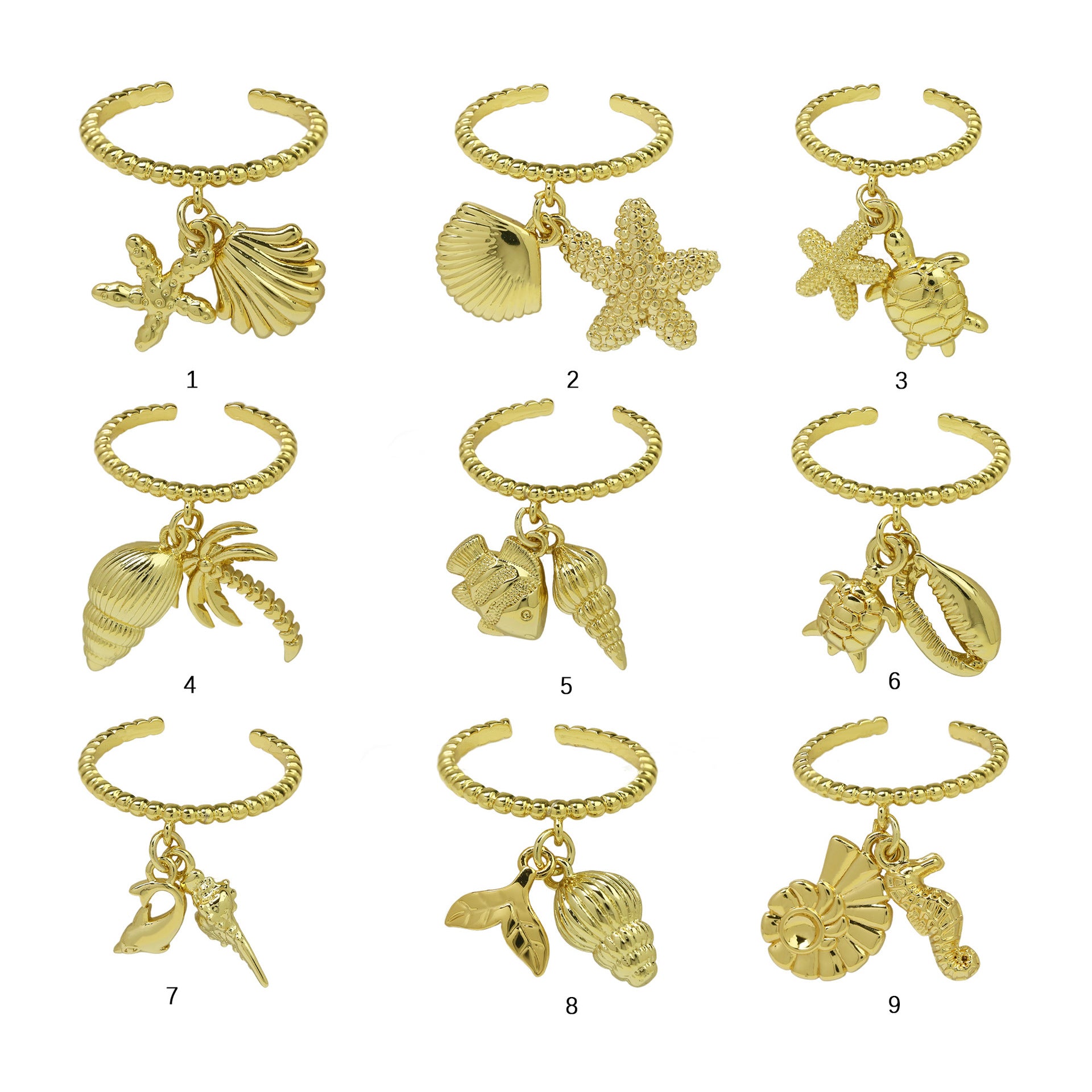Wholesale  Brass  Beach Series Bohemian Starfish Conch Turtle Coconut Tree Opening Ring
