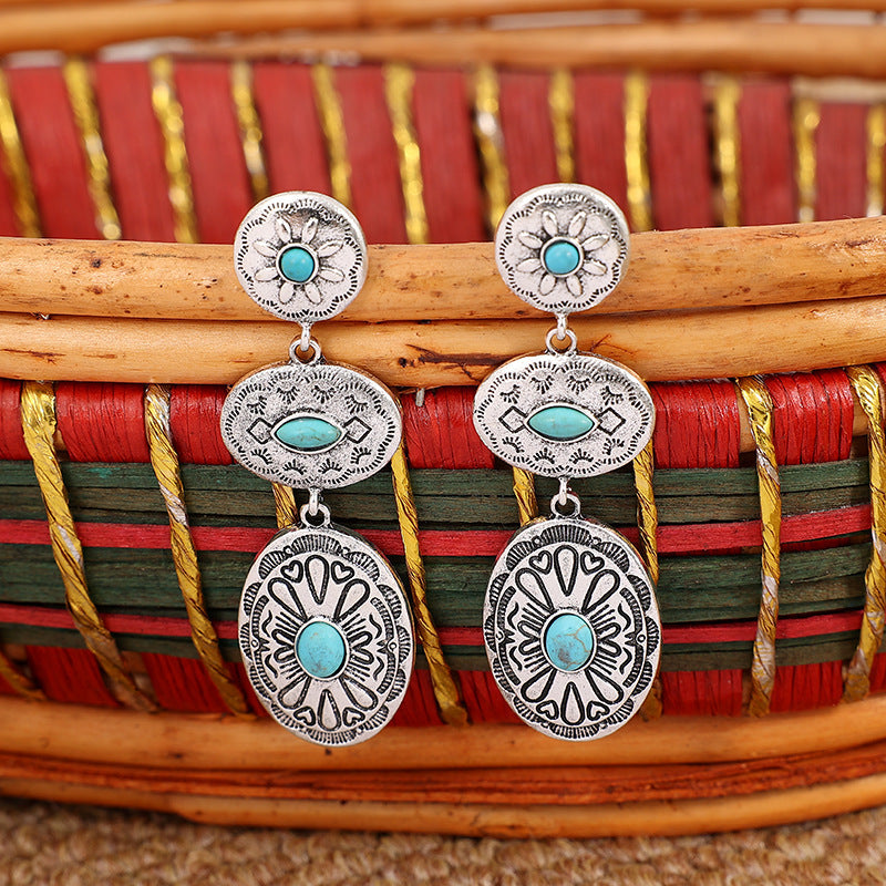 Wholesale retro Western wind turquoise oval earrings