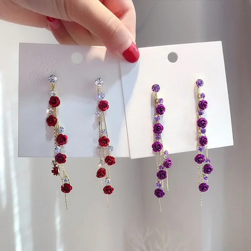 Wholesale  Long Floral Earrings Red Flower Waterdrop Tassel Earrings