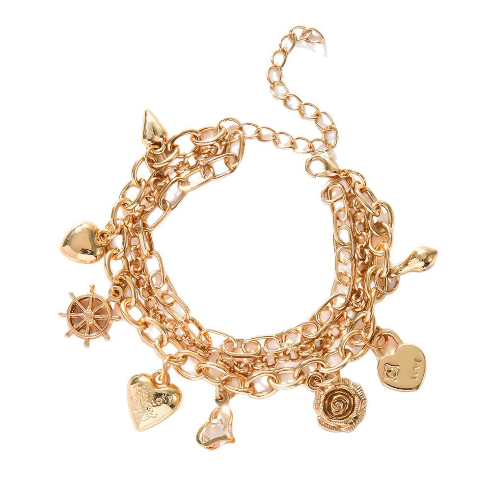 Wholesale Trendy Multi-Layer Love Rose Adjustable Pendant Bracelet Electroplated Alloy Jewelry Accessory