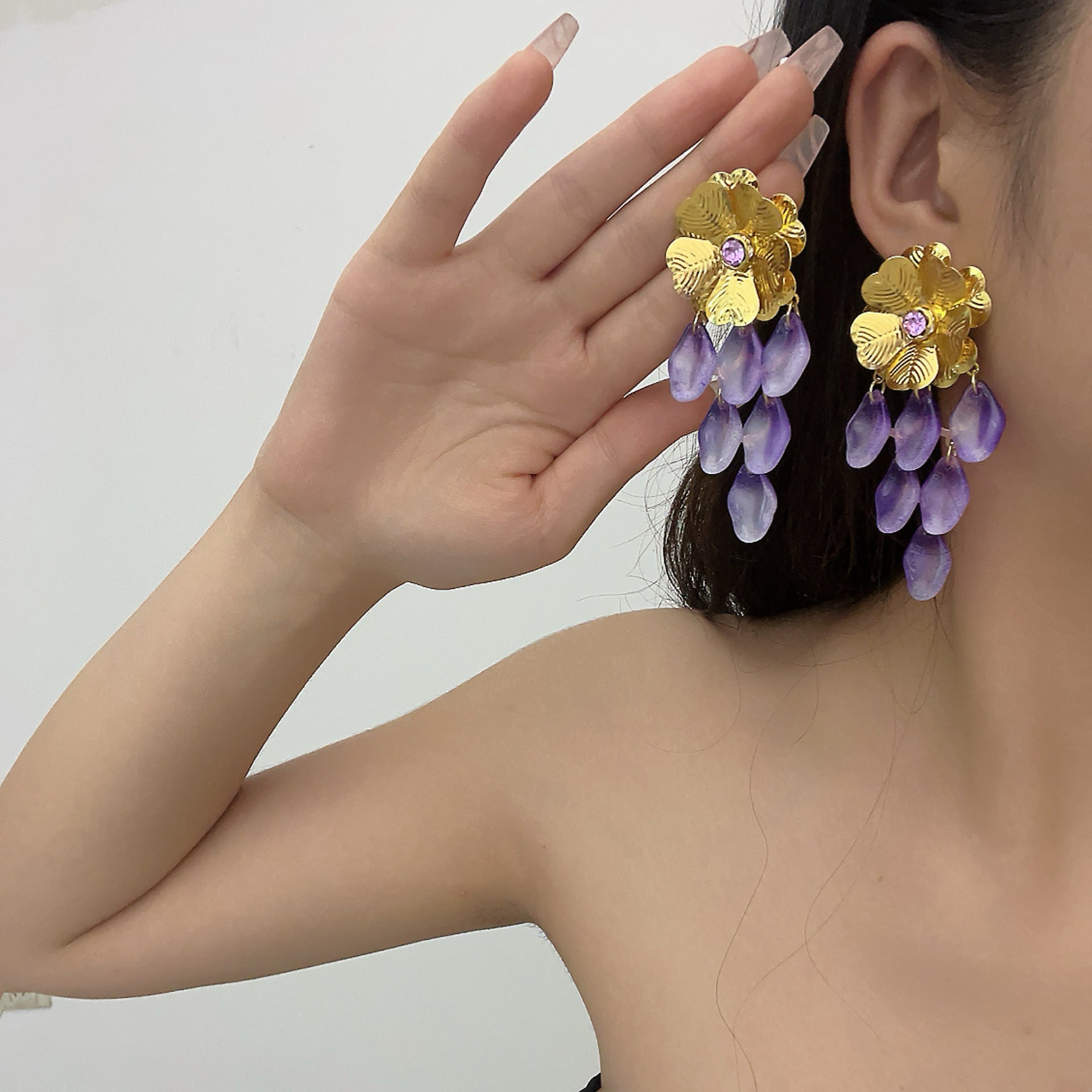 Wholesale Golden Flower Purple Pendant Long Earrings