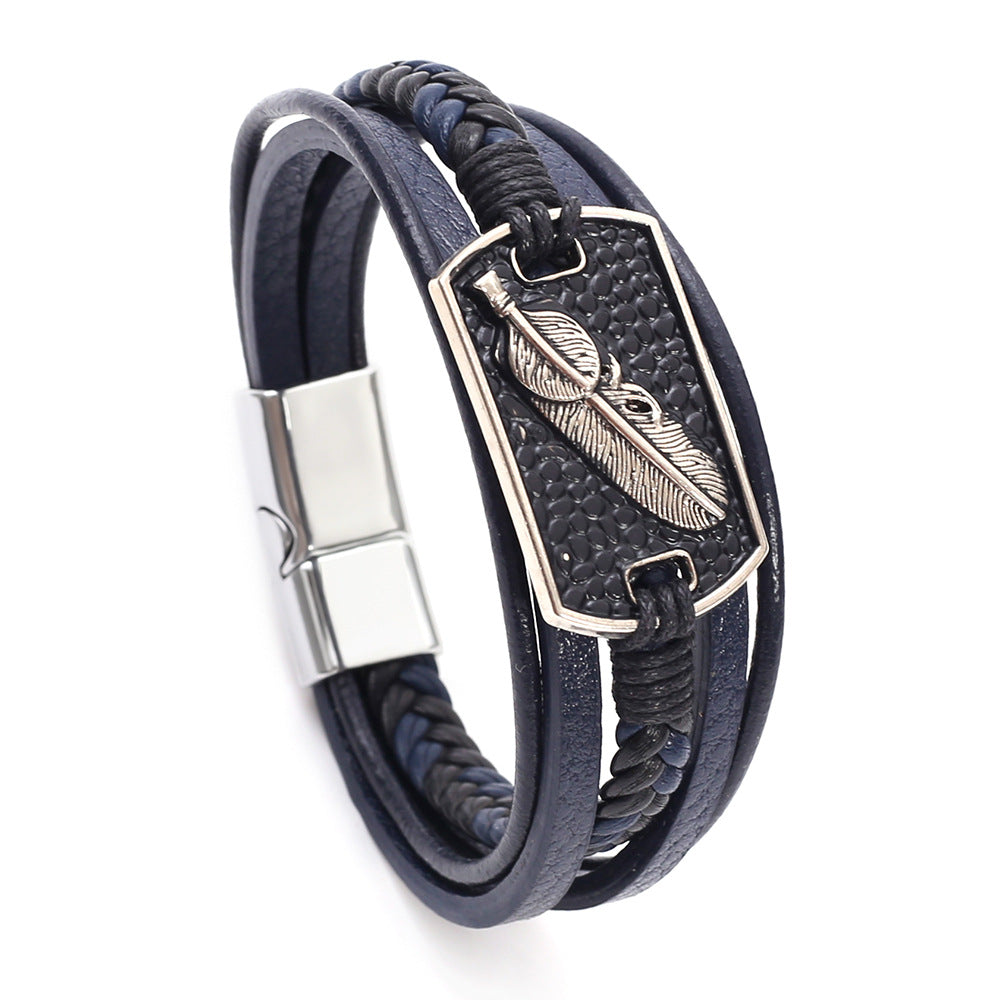 Wholesale Faux Leather Woven Bracelet Men S Vintage Feather Charm Layered Handmade Fashion Jewelry Accessory Gift