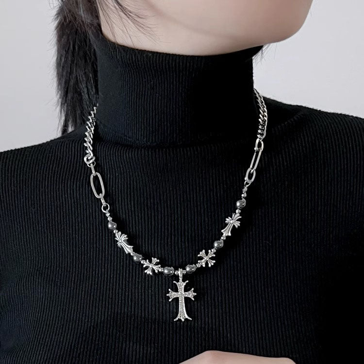 Wholesale Titanium Steel  retro Gothic style black silver beaded cross necklace