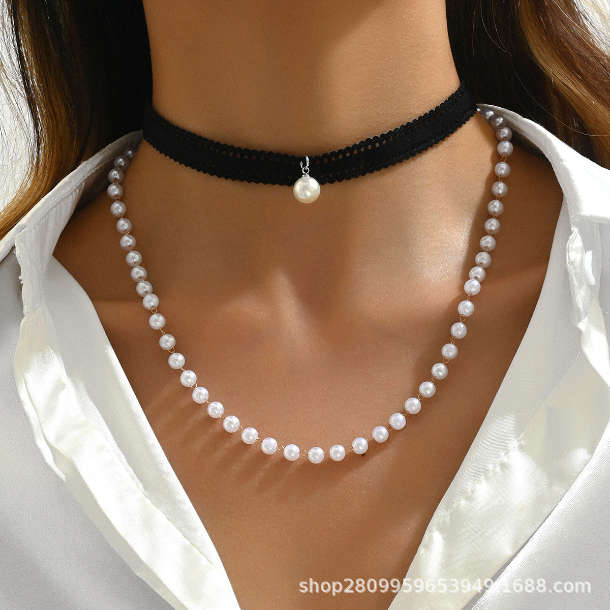 Wholesale Stylish Faux Pearl Stretch Choker Necklace Retro Hip-Hop Jewelry Accessory for Party Gift Boutique Resale
