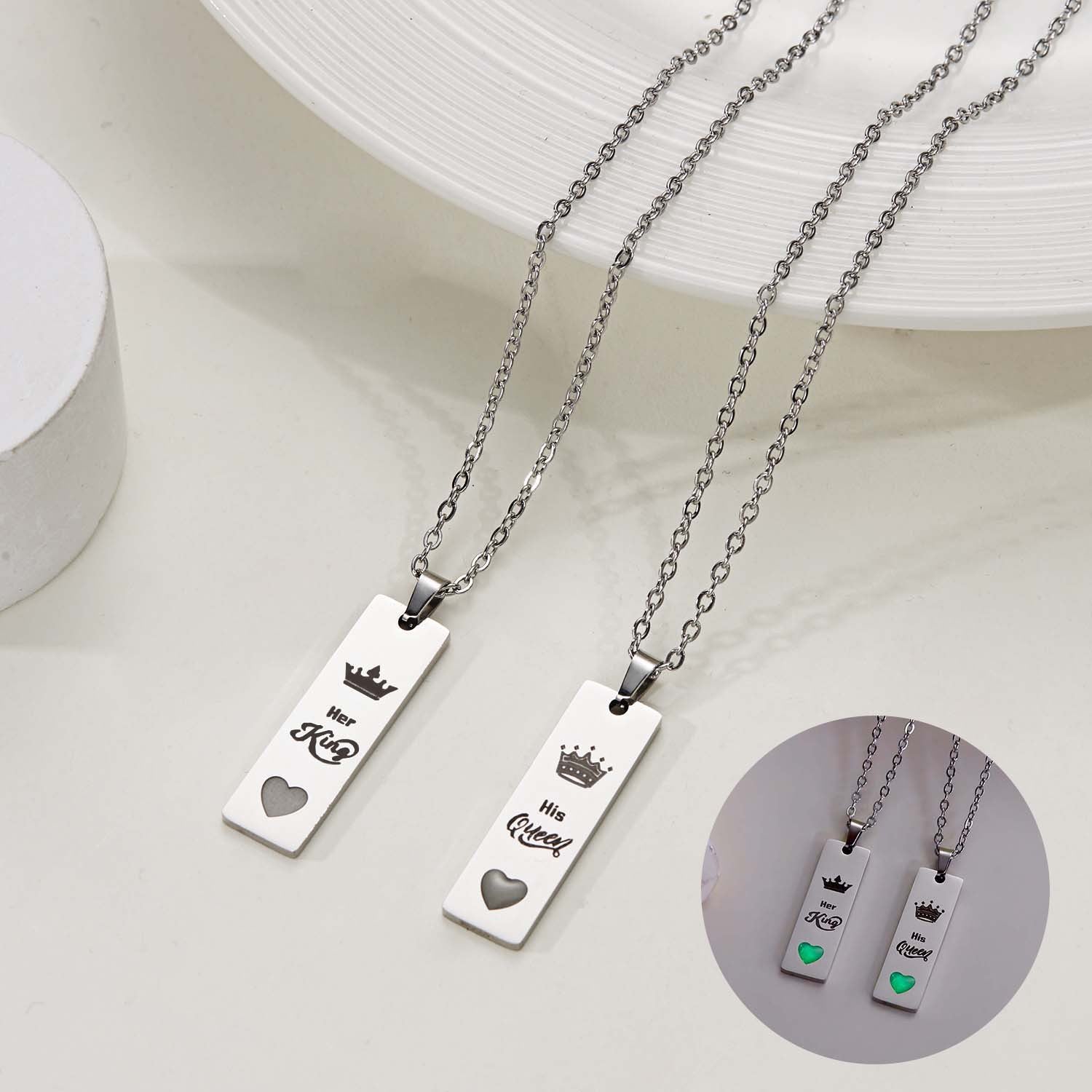 Wholesale  Couple Stainless Steel King and Queen Luminous  Letter Necklace