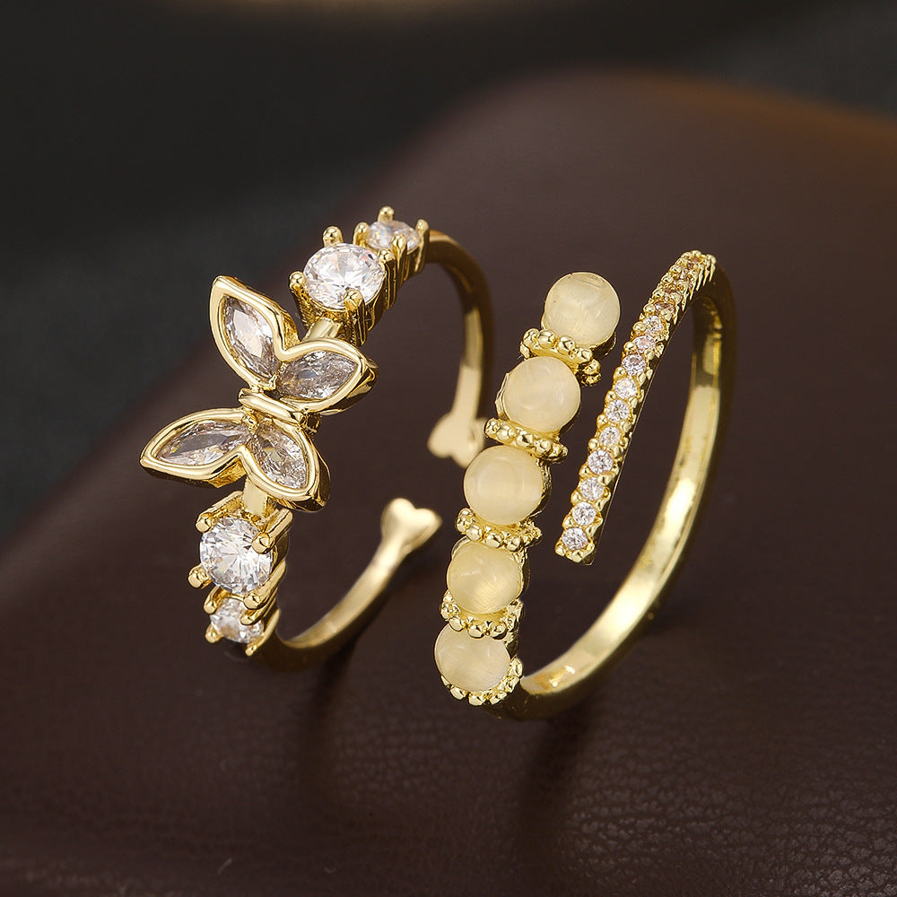 Wholesale Electroplated Copper Zircon Butterfly Ring For Women Japanese Korean Trendy Fashion Jewelry Accessory Gift