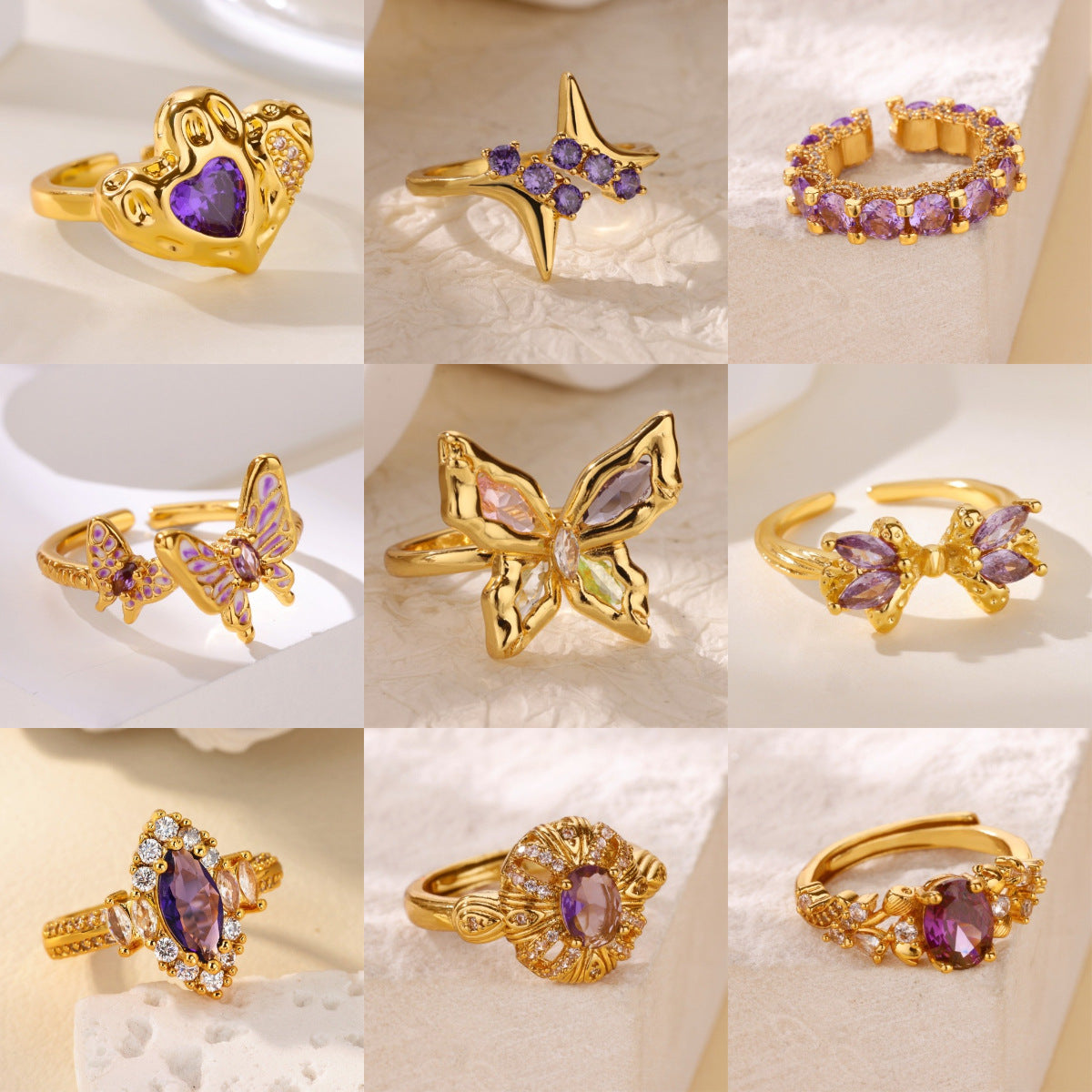 Wholesale Heart Shape Purple Bow Zircon Ring 18K Gold Plated Fashion Accessory Gift for Women Boutique Resale