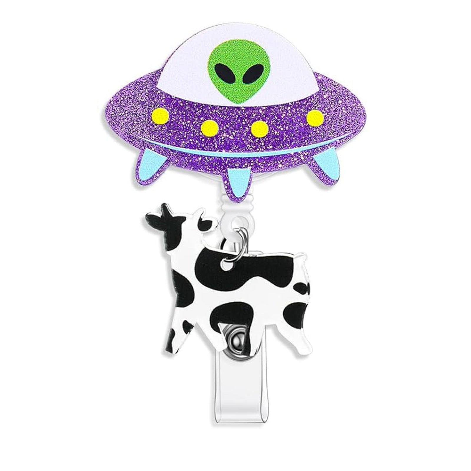Wholesale Acrylic Glitter Alien Cow Retractable Rotating Badge Keychain ACC-KC-QiDing010