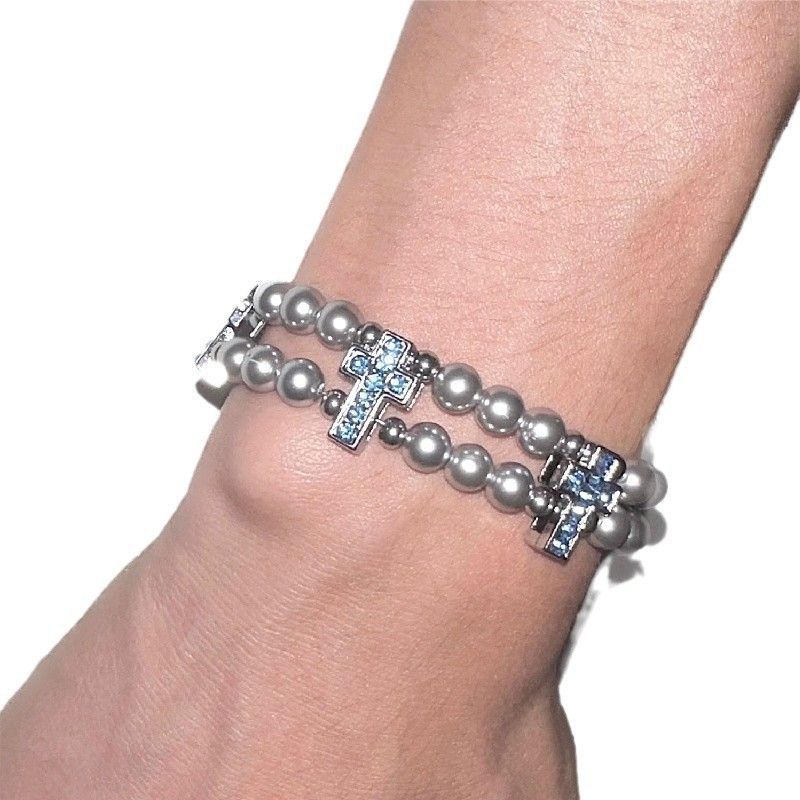 Wholesale European American Punk Rock Cross Necklace with Imitation Pearl and Skull Rivet,  Jewelry Accessory for Gift Boutique Resale
