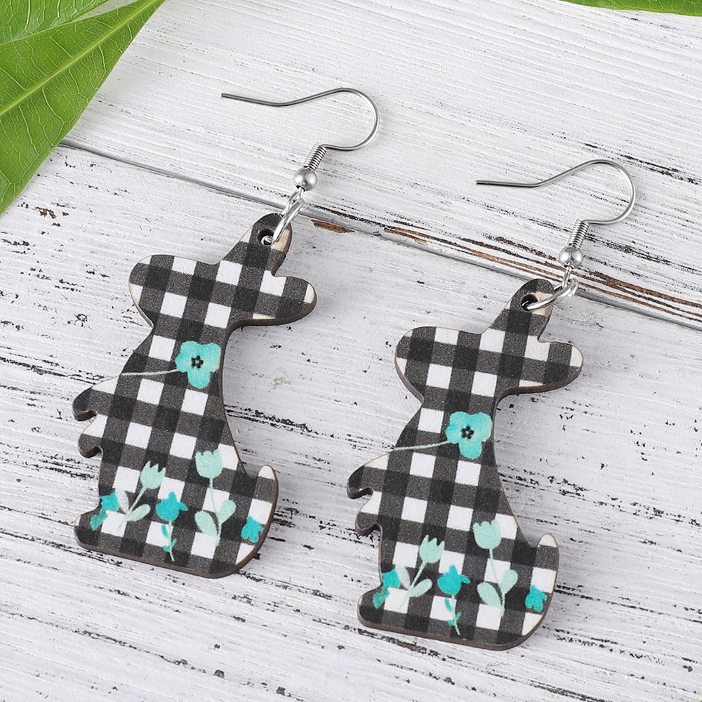 Wholesale Easter Black and White Check Flower Bunny Pendant Earrings