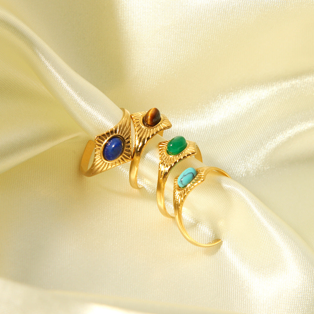 Wholesale Devil' s Eye Vintage Stainless Steel Ring 18K Gold Plated with Lapis Turquoise Inlay Jewelry Accessory for Women