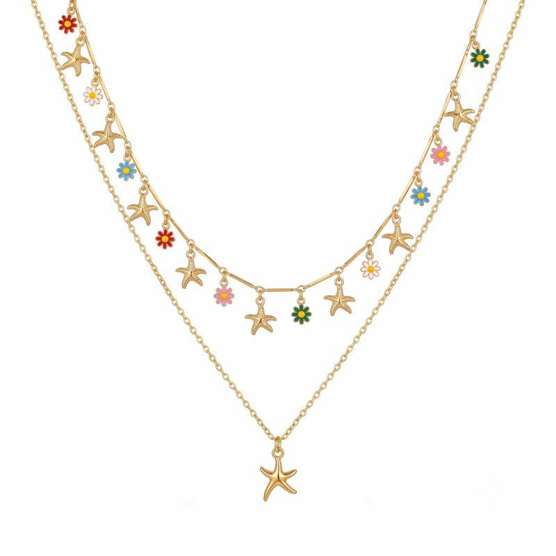 Wholesale Gold Starfish Pendant Double Layer Clavicle Chain With Drop Enamel Flower Design Fashion Jewelry Accessory For Casual Wear