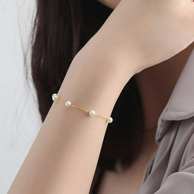 Wholesale Chic Women S Imitation Pearl Chain Bracelet 4Mm Round Pearl Fashion Accessory Gold Tone Everyday Jewelry For Gifting