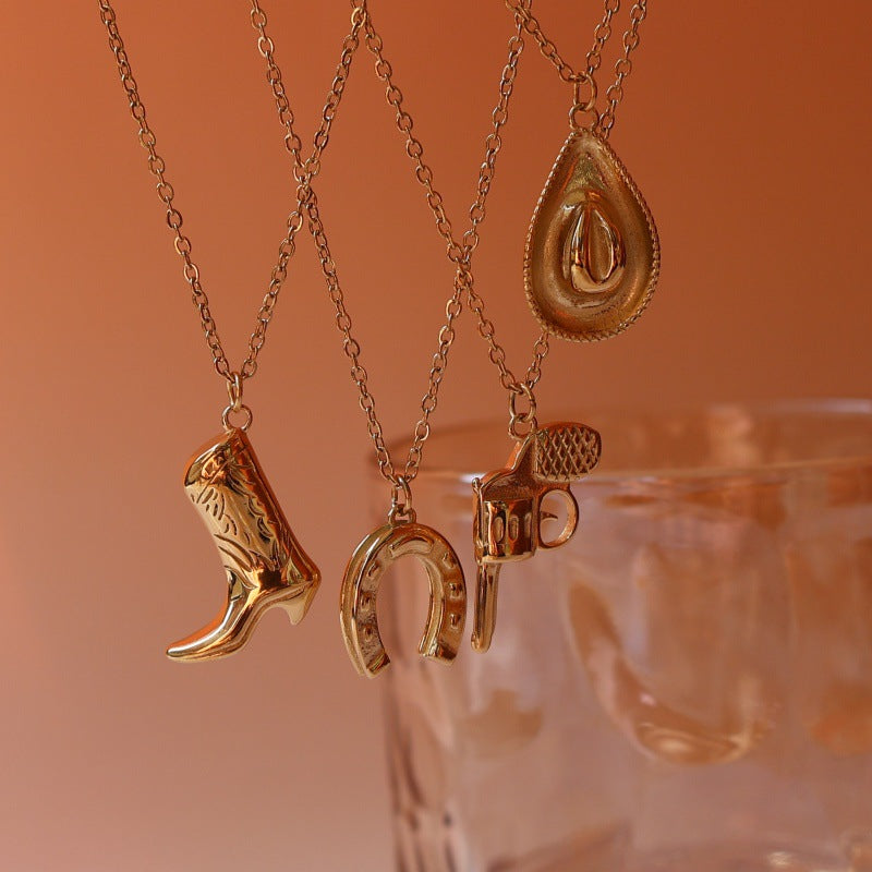 Wholesale cowboy series boots hat revolver stainless steel 18K gold plated necklace