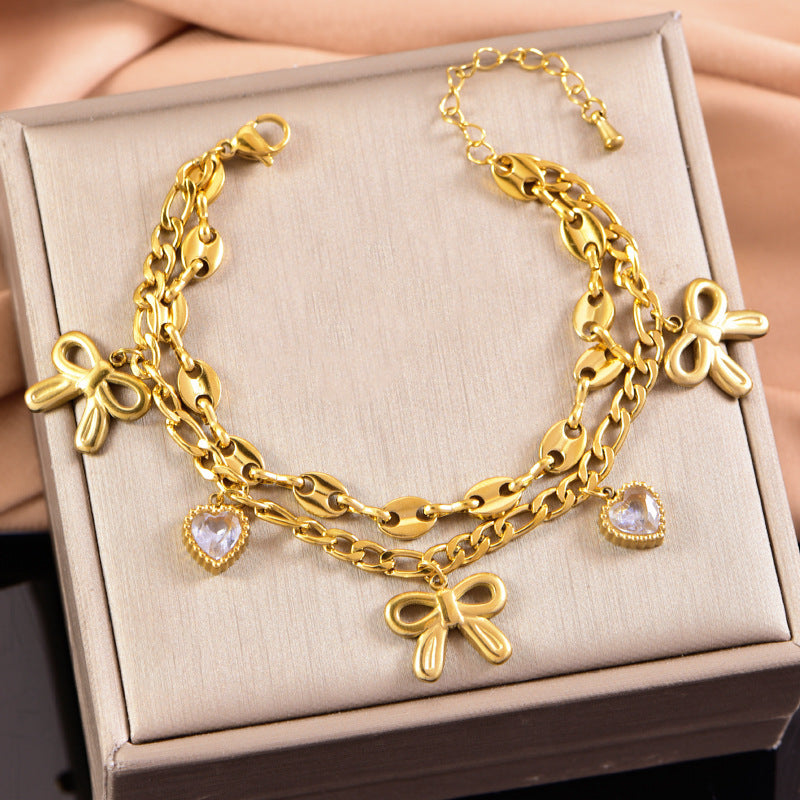 Wholesale Titanium Steel Bracelet Bow Star Moon Love Diamond Double Layer Bracelet