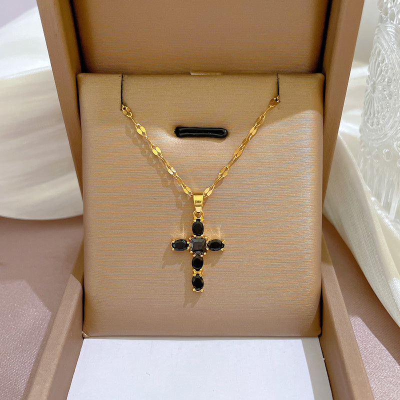 Wholesale Zircon Cross Fine Micropaved Titanium Steel Necklace Clavicle Chain