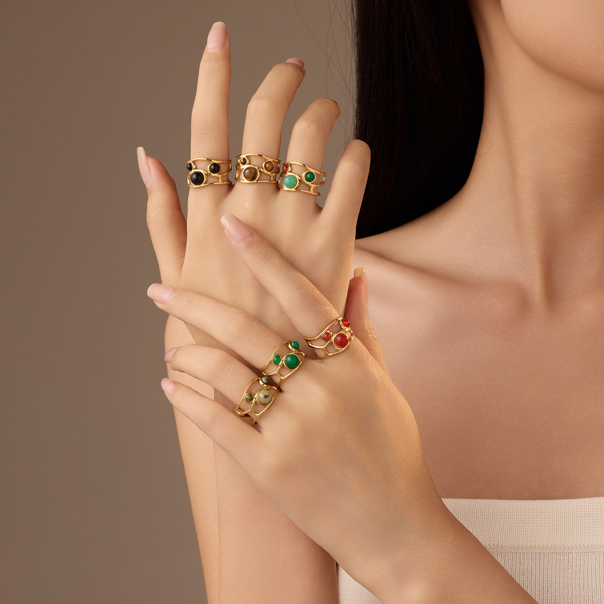 Wholesale natural stone ring plated 18k gold stainless steel  open ring