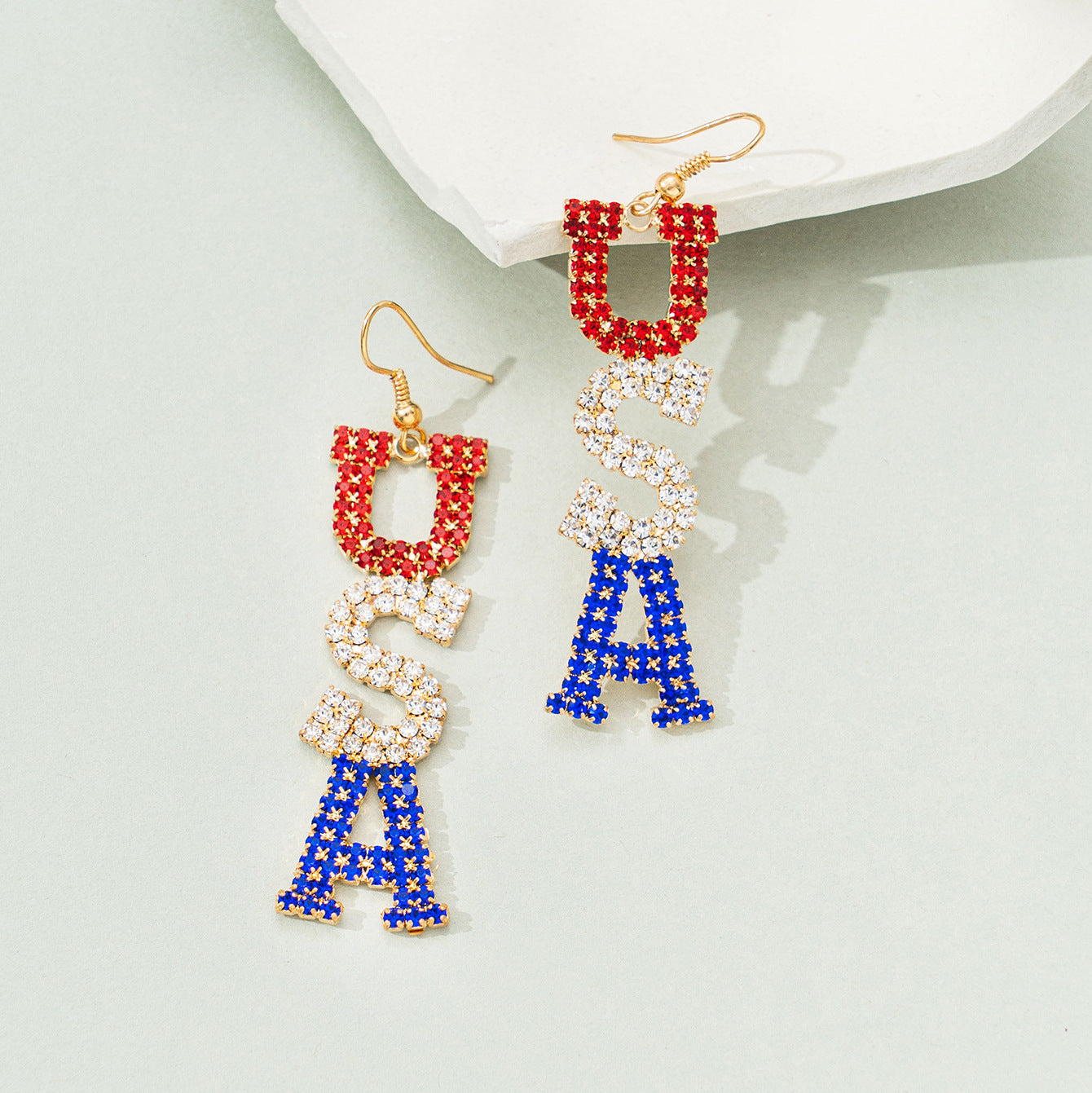 Wholesale  flag red and blue striped color rhinestone heart-shaped  letter earrings