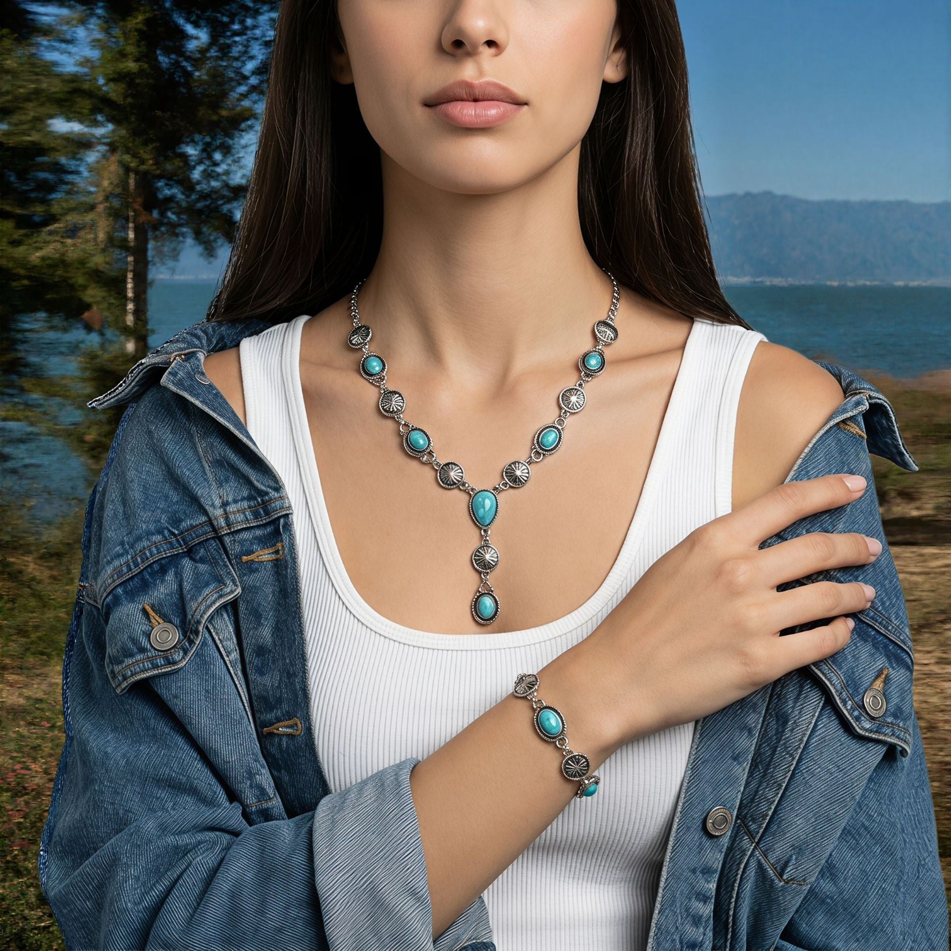 Wholesale Ethnic Turquoise Drop Y Shaped Necklace Vintage Carved Bracelet Jewelry Set Antique Silver Finish Fashion Gift For Resale