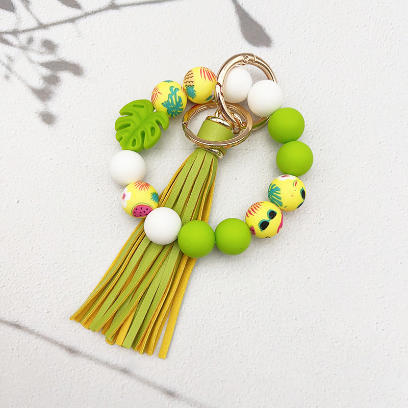 Wholesale Leaf Silicone Printed Silicone Beaded Tassel Keychain ACC-KC-JiuYa019