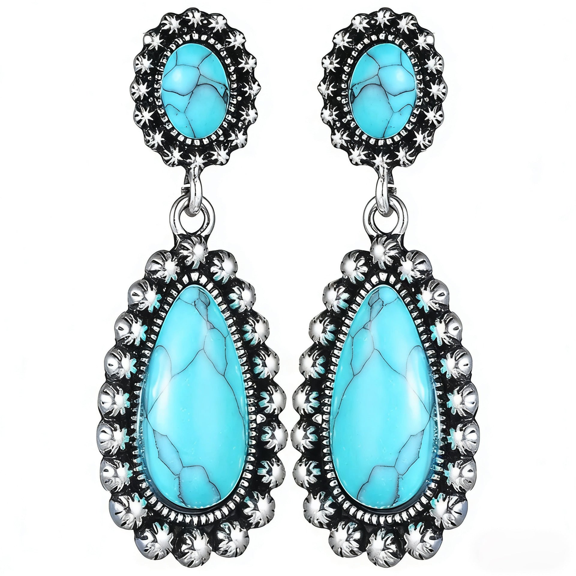 Wholesale artistic retro bohemian style turquoise teardrop-shaped  earrings