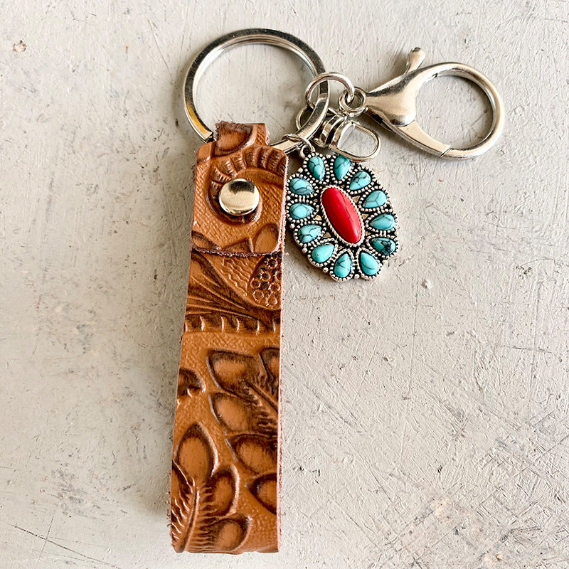 Wholesale Embossed Cowhide Leather Keychain With Turquoise Pumpkin Pendant Western Retro Style Key Ring Fashion Accessory
