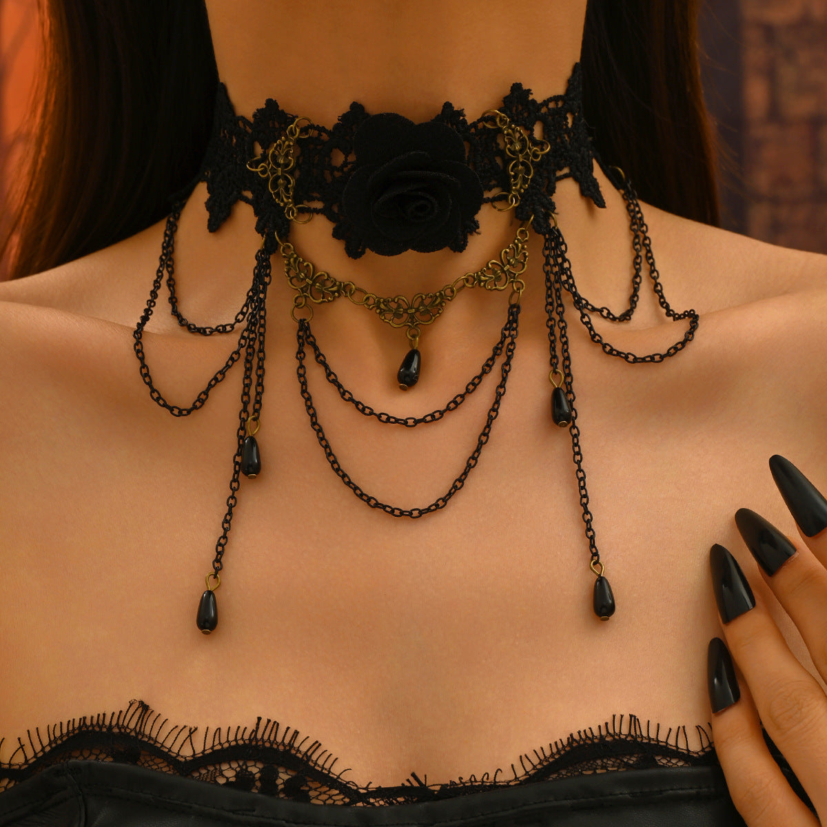 Wholesale  Retro Style  Red Rose Long Tassel Necklace