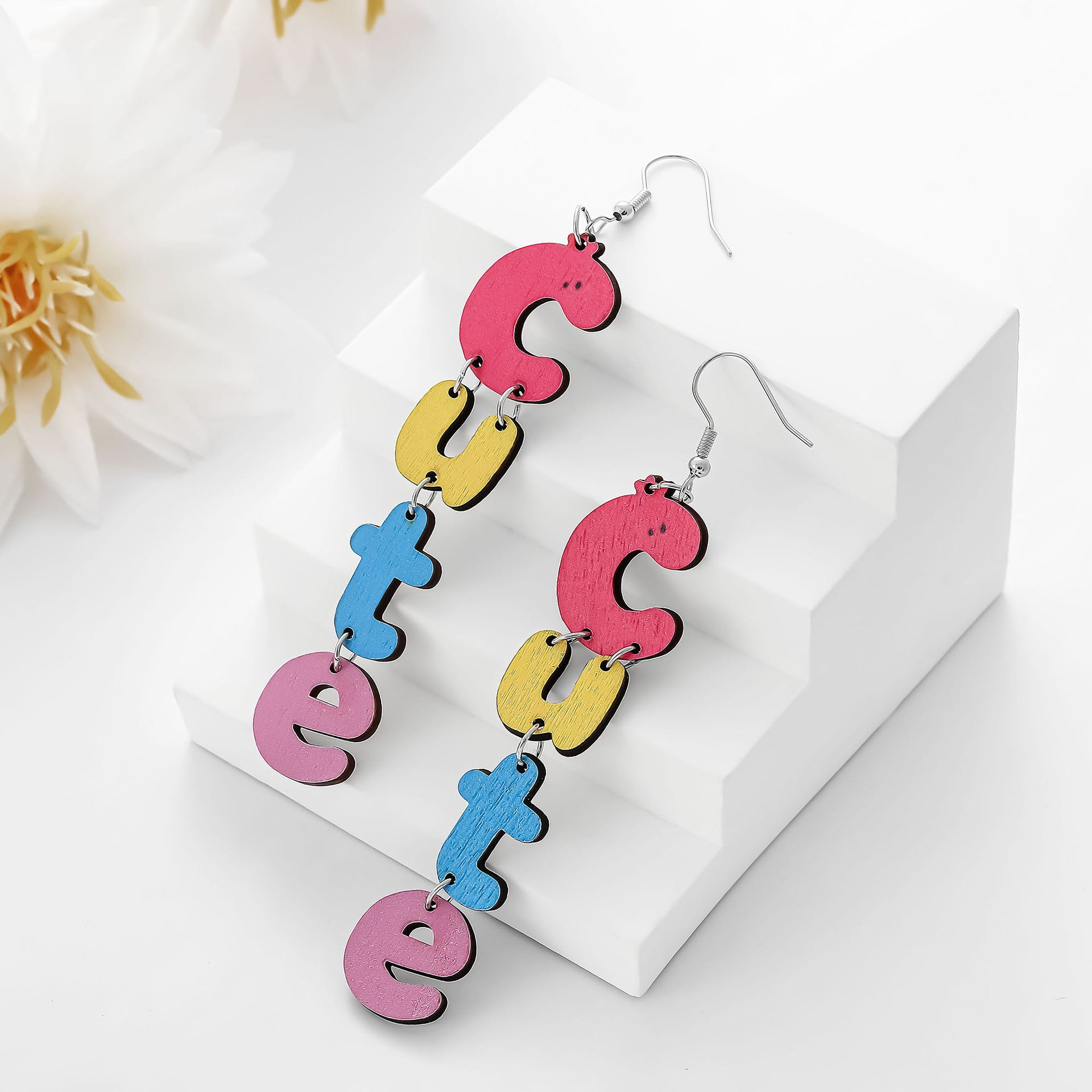 Wholesale wooden earrings colorful English letter earrings