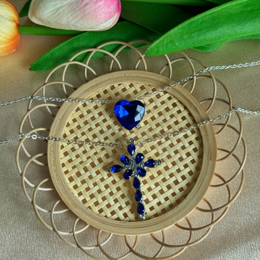 Wholesale Double Layer Cross Blue Crystal Rhinestone Love Cross Necklace