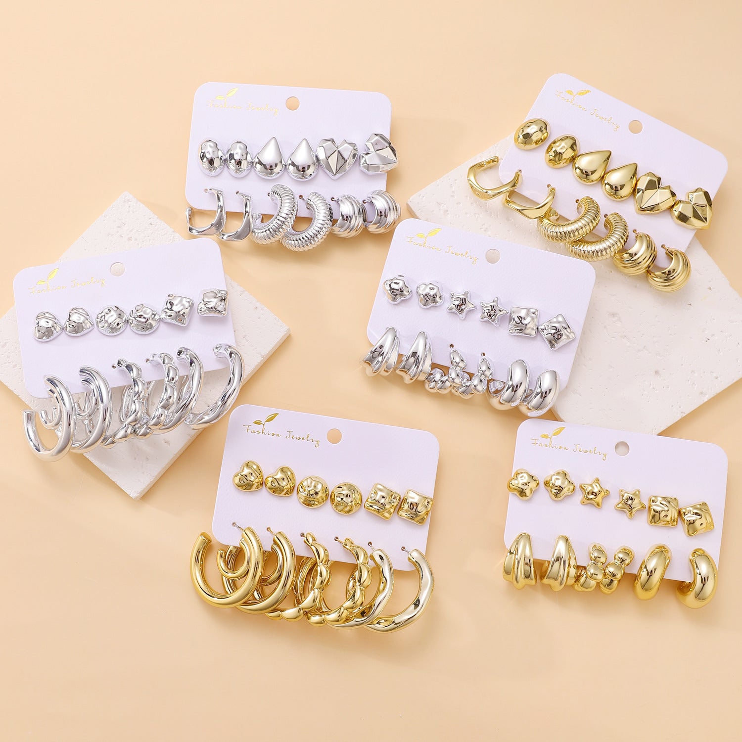 Wholesale C-shaped Irregular Exaggerated Gold and Silver Earrings 6-piece Set ACC-ES-ChengJing001