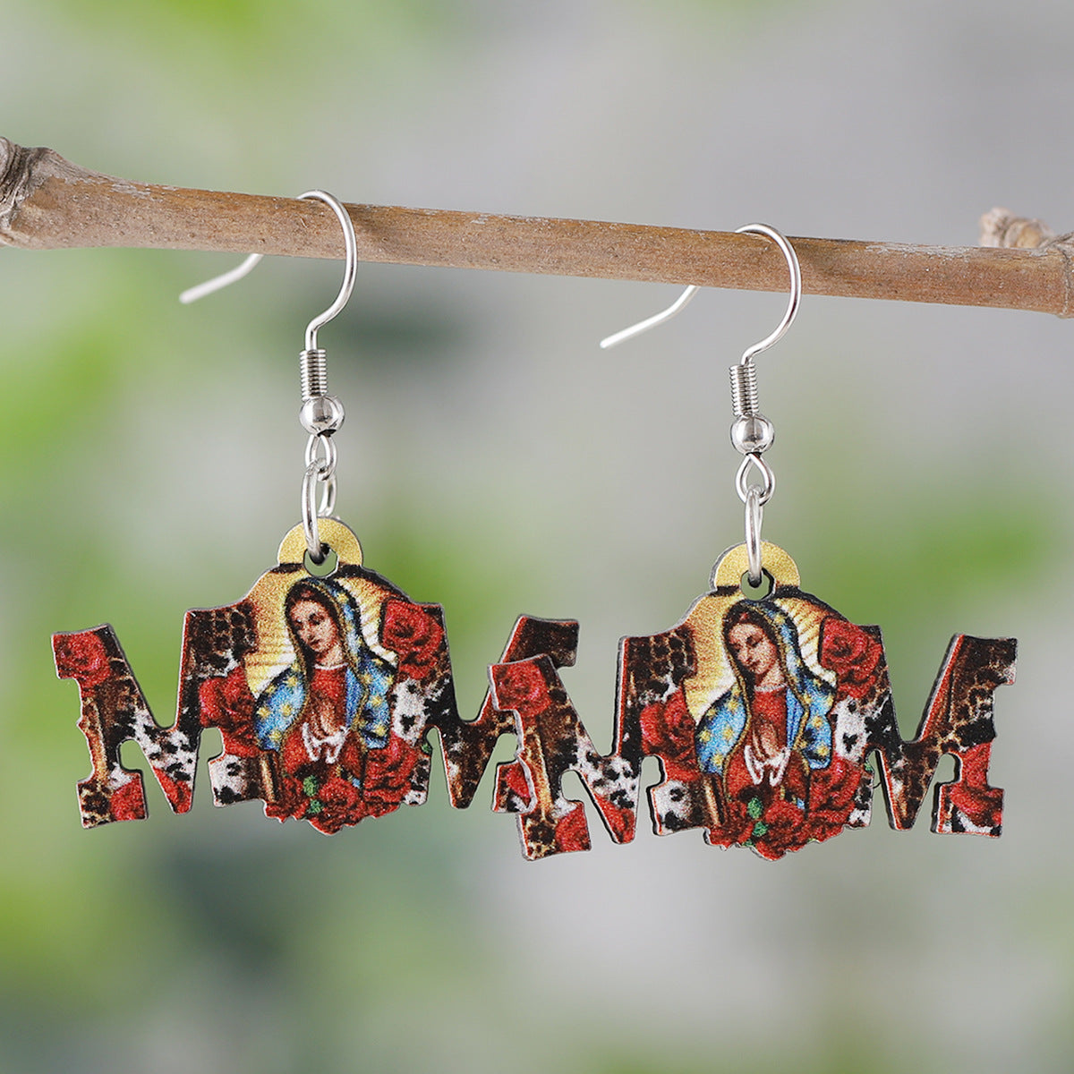 Wholesale  Cross Virgin Mary MOM Pendant Wooden Double-Sided Earrings