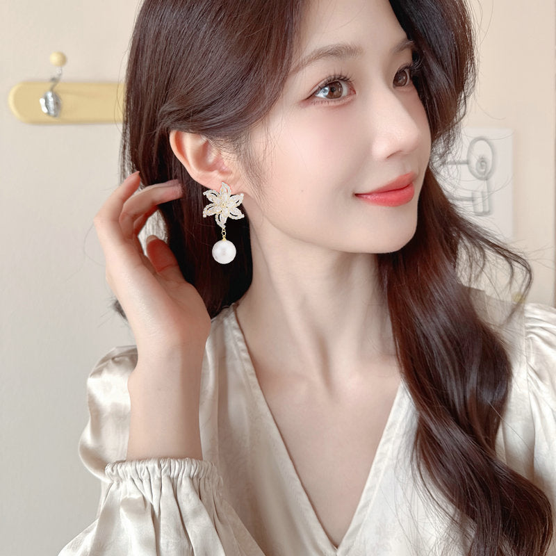 Wholesale Flower Earrings Super Flash Zircon Windmill Pearl Earrings
