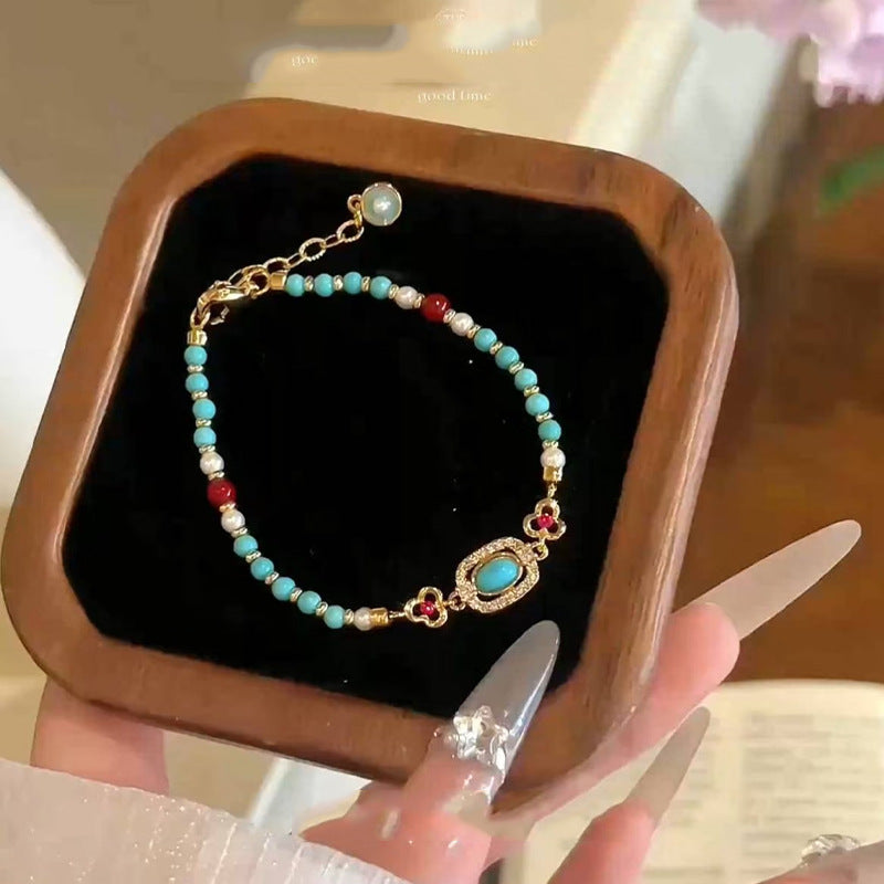 Wholesale Chinese Antique Turquoise Beaded Metal Flower Bracelet Jewelry Accessory for Women