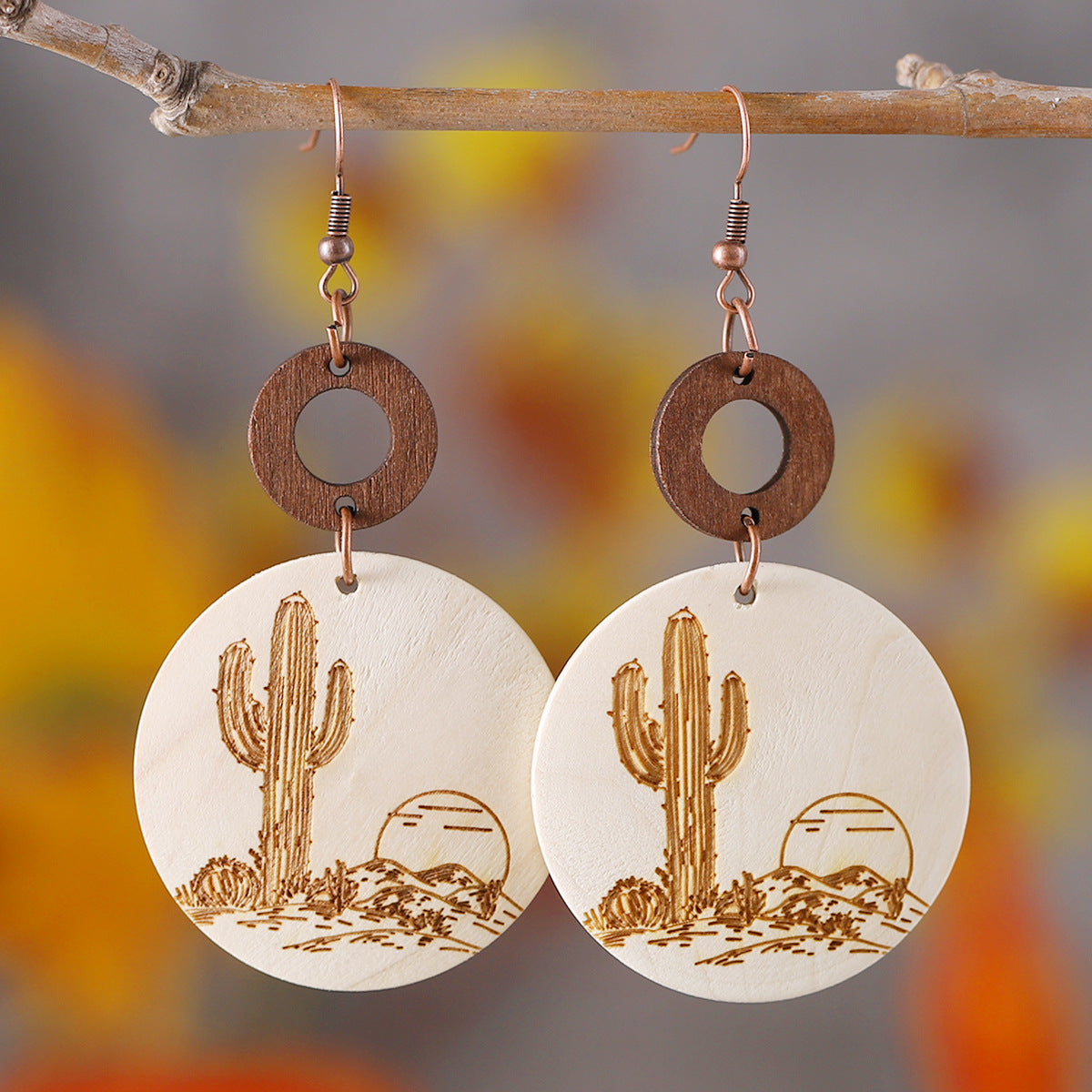 Wholesale Bohemian Cactus Sun Aztec Pattern Wood Earrings