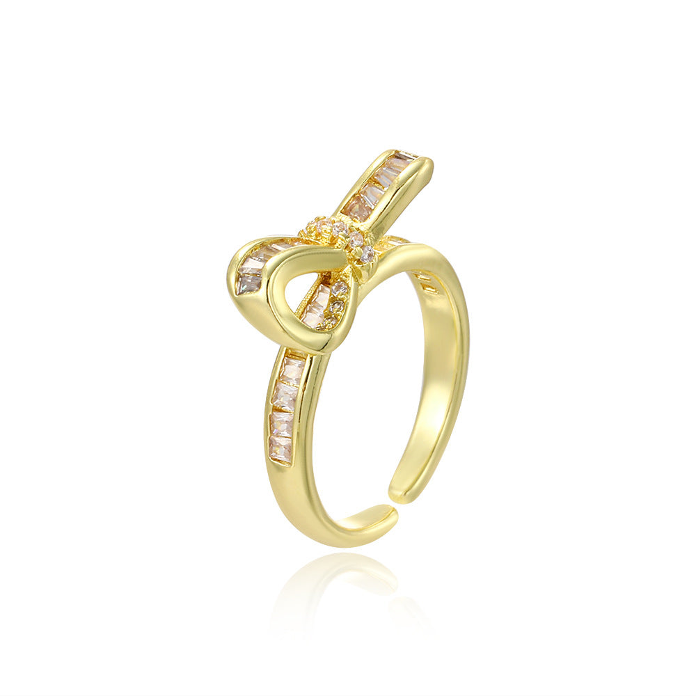 Wholesale Copper-plated 18k zircon bow double-layer ring