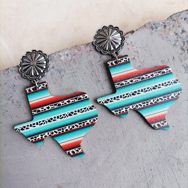 Wholesale 2 pairs/pack American Texas Western Style Aztec Colorful Leopard Print Pumpkin Flower Wooden Alloy Earrings