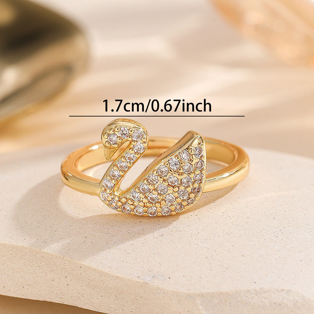 Wholesale Chic Gold Tone Swan Zircon Ring Adjustable Open Design Fashion Jewelry Accessory For Everyday Wear And Boutique Resale