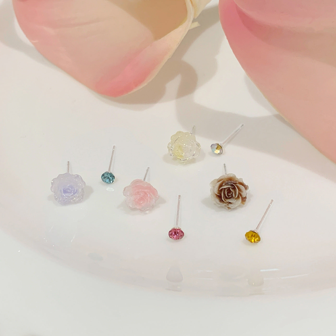 Wholesale Summer Super Fairy Color Resin Rose Zircon Earrings  Silver Needle