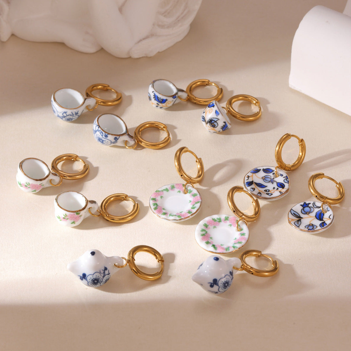 Wholesale Cup and Plate Shaped Ceramic Blue and White Porcelain Earrings
