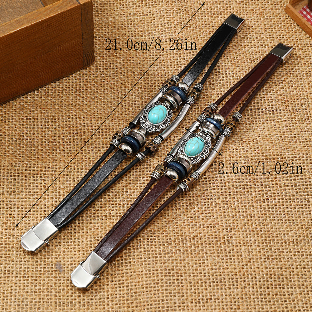Wholesale 3PCS Stainless steel and leather bracelet with turquoise