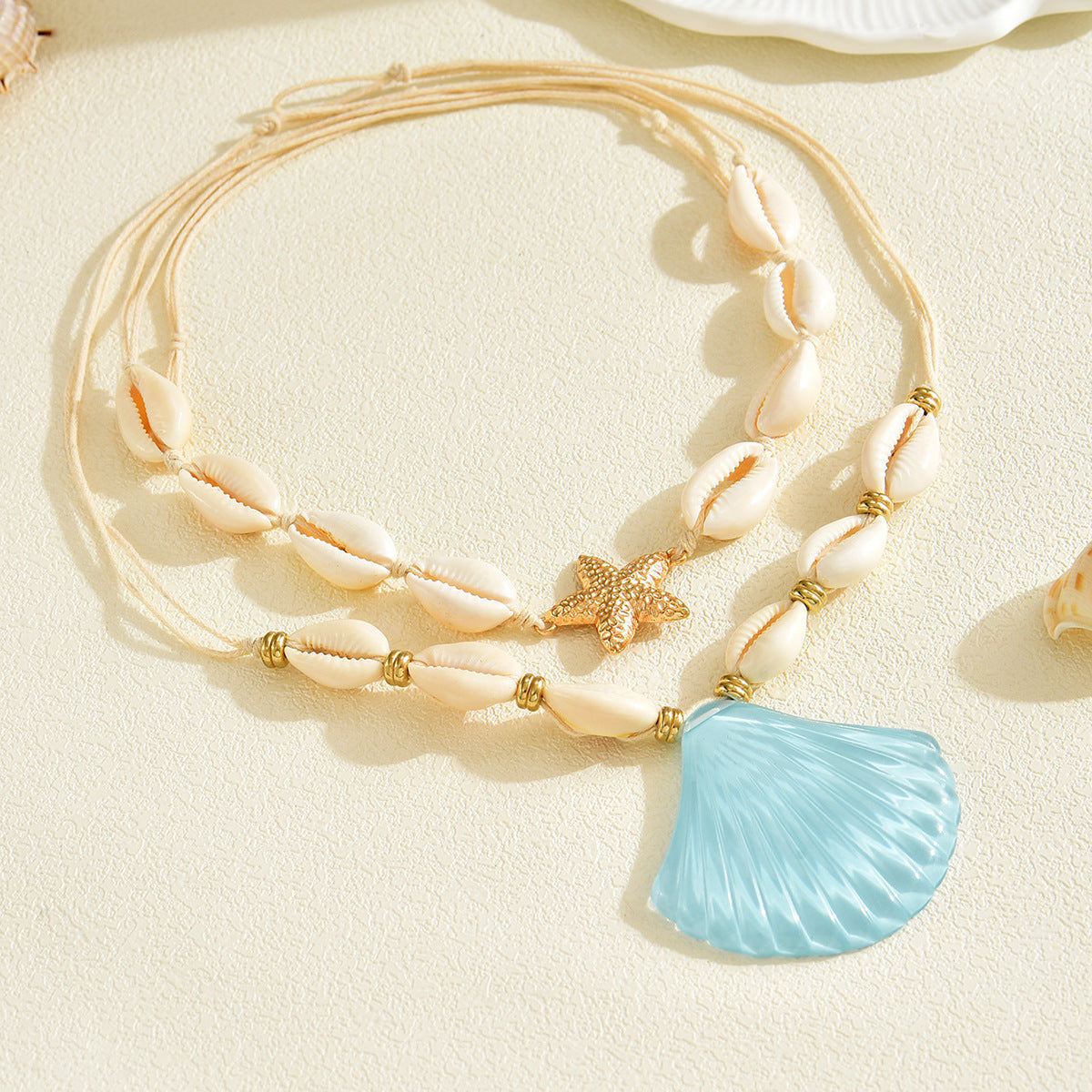Wholesale Bohemian beach style exaggerated shell pendant necklace double layered necklace