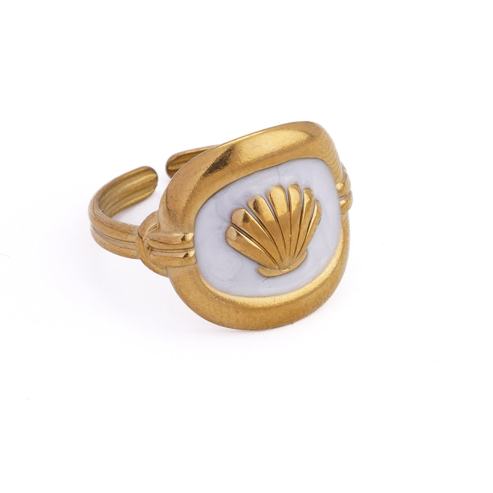 Wholesale Shell Flower Oil Drop Blue Ring Stainless Steel Women S Fashion Jewelry Accessory