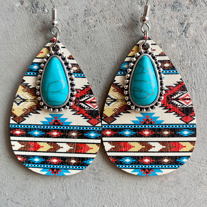 Wholesale Western Style Aztec Turquoise Bohemian Vintage Wooden Earrings ACC-ES-HY002