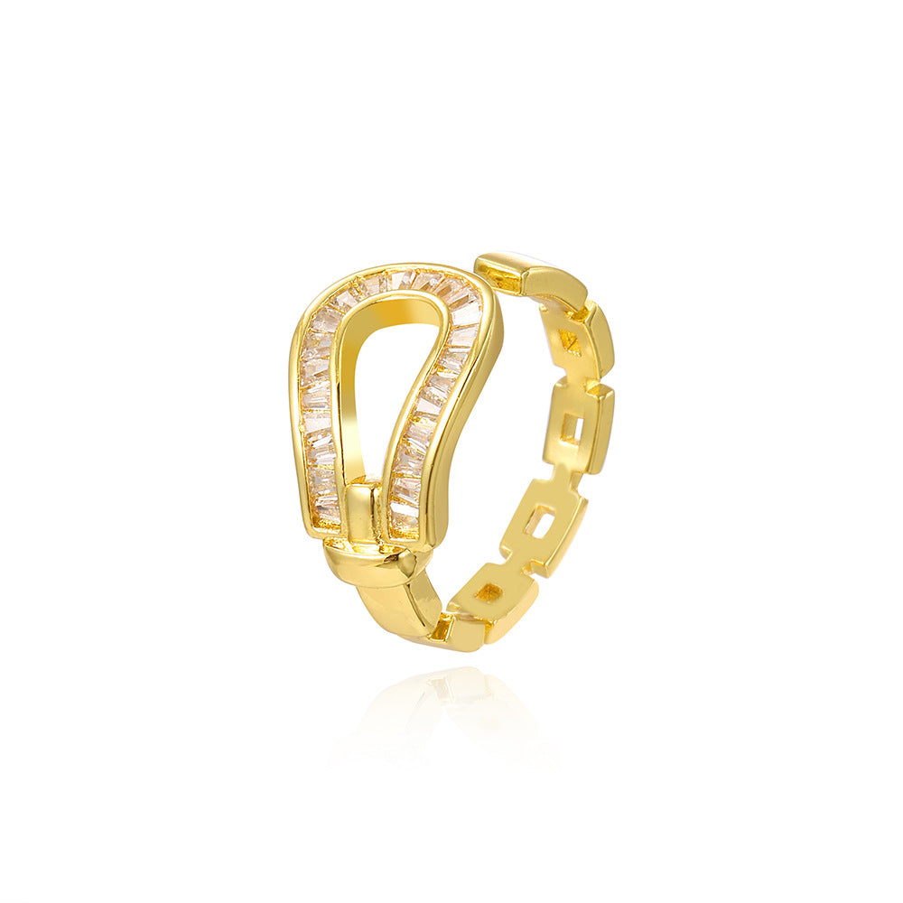 Wholesale Hollow inlaid stepped zircon horseshoe ring