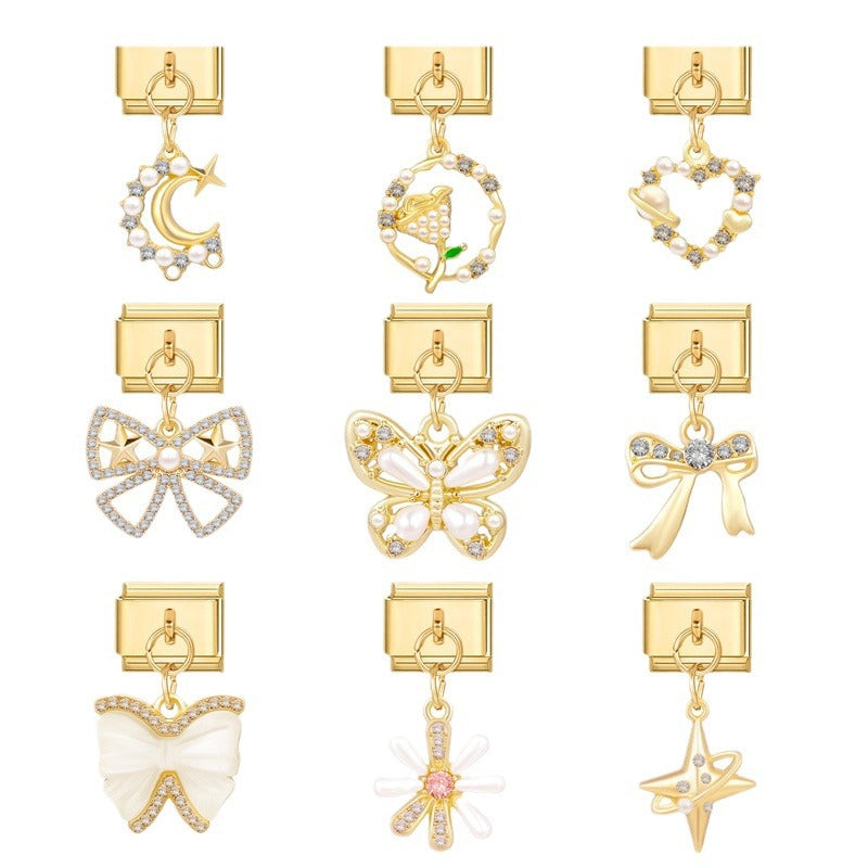 Wholesale  Bow  Italian Charm Bracelet 9mm DIY Creative Gold Bottom Stainless Steel Composable Bracelet